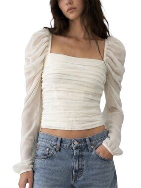 Size S Abercrombie & Fitch Ivory Chiffon Puff Sleeve Square Neck Crop Top